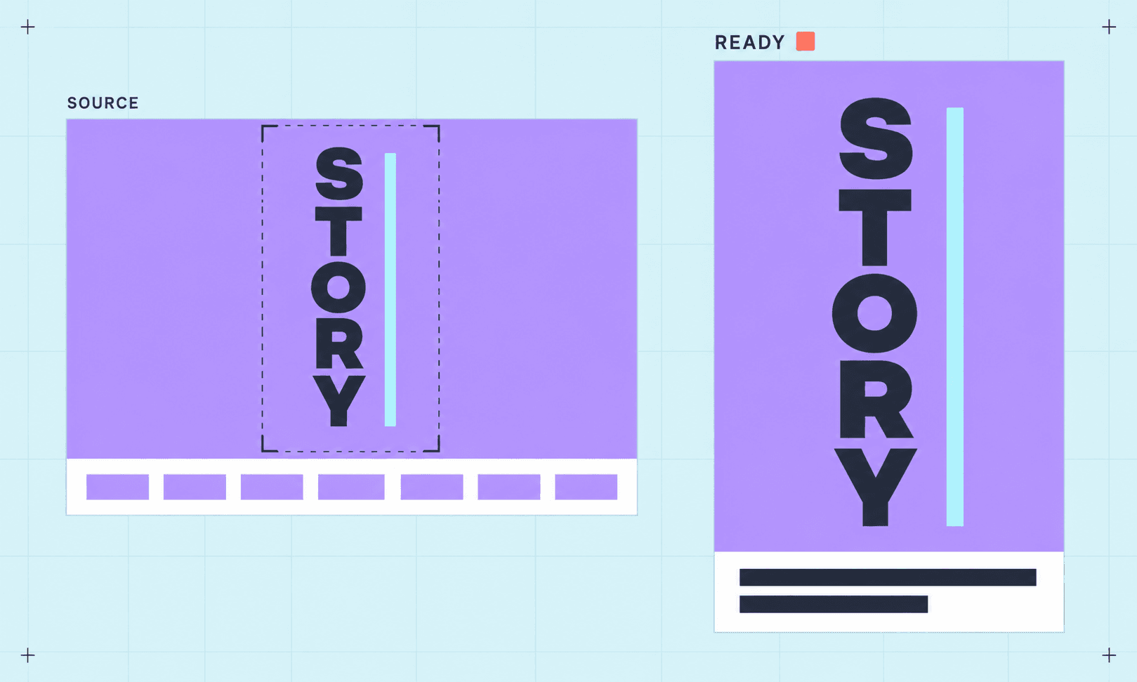 A horizontal source video is reframed into a vertical social cut with a caption.
