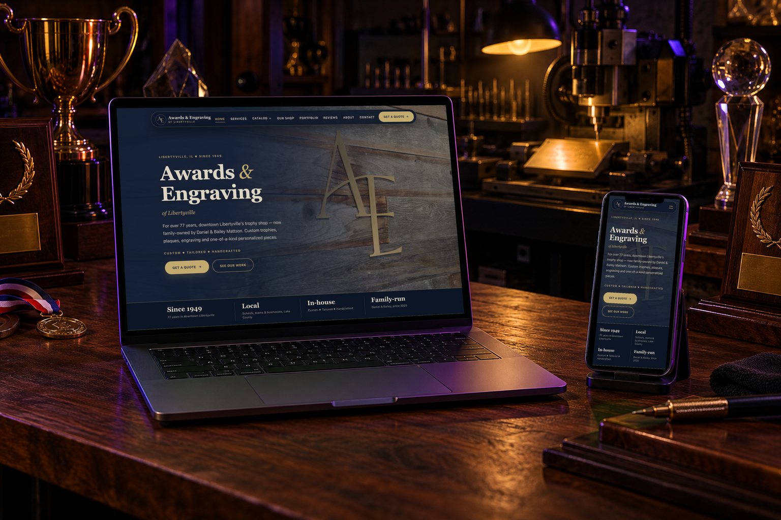 Awards & Engraving website on a laptop and phone