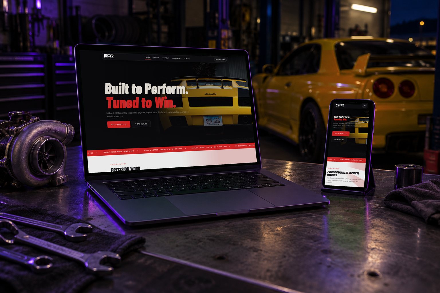 SDR Garage website on a laptop and phone