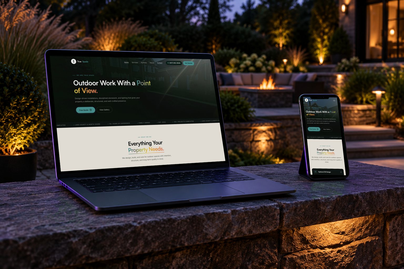 True Spade Landscaping website on a laptop and phone
