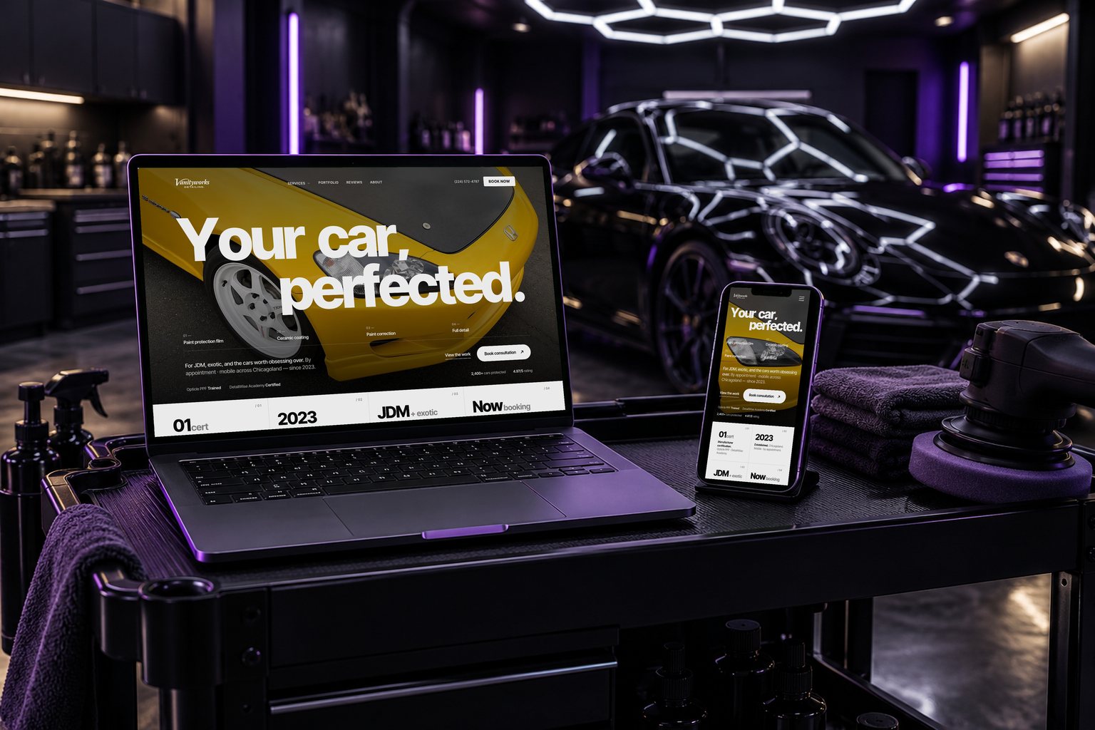 VanityWorks Detailing website on a laptop and phone